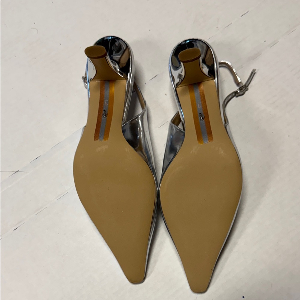 Sam Edelman Silver Pointed Toe Slingback Heels - Picture 3 of 5